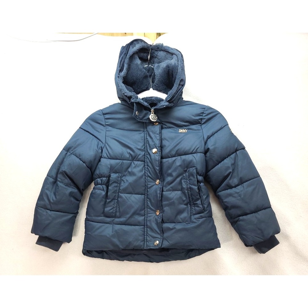 DKNY Girls Navy Blue Hooded Puffer Jacket w Sherpa Lining Sz 6X Missing Faux Fur